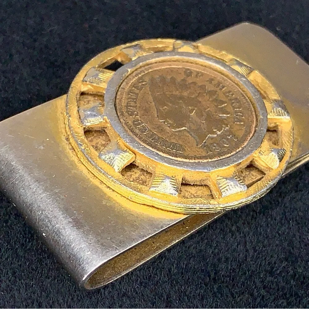 Vintage 1907 Indian Head Penny Silver Gold Tone Money Clip Men Gift Western